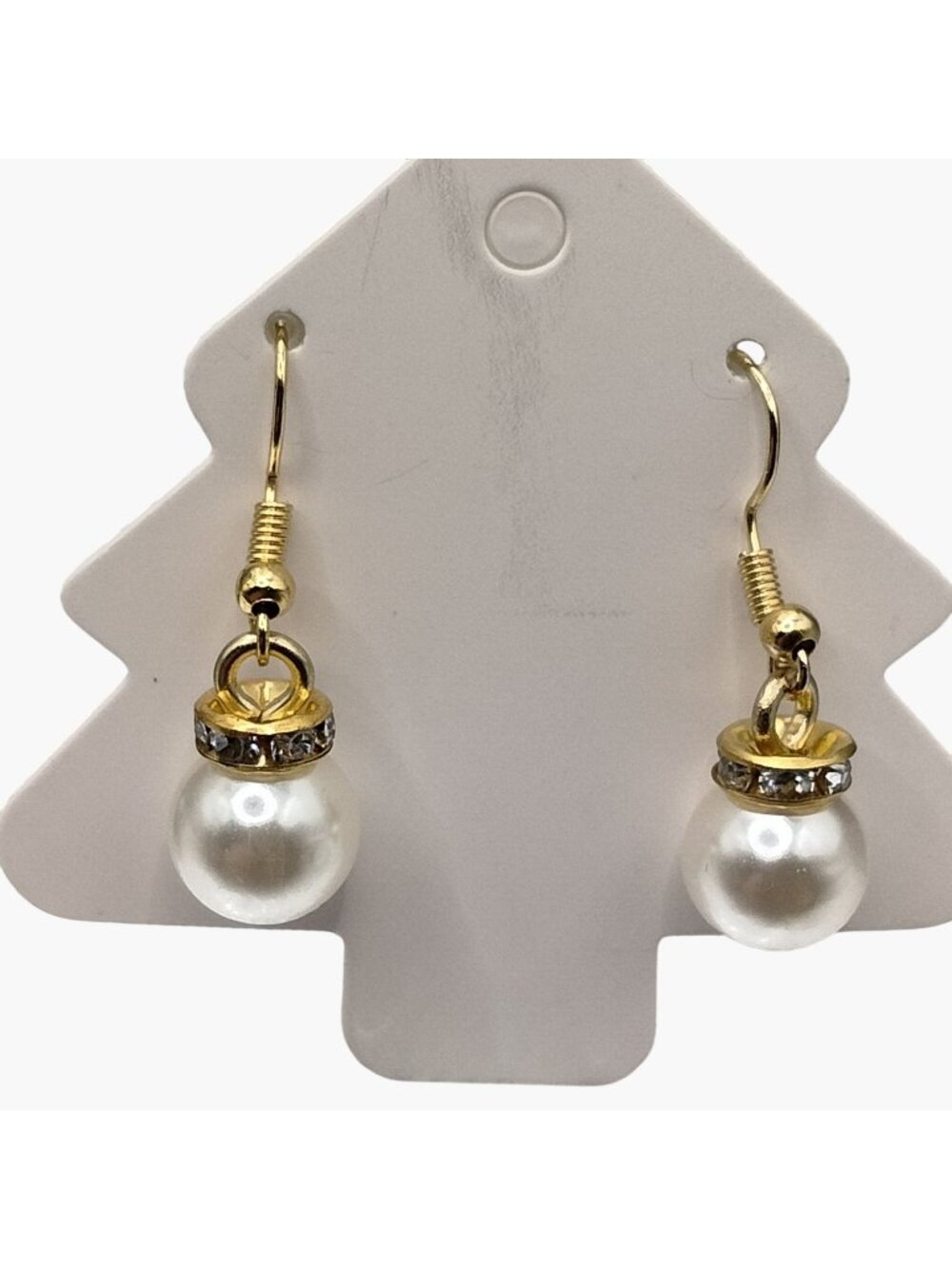 Gold Tone Dangle Earrings  Faux Pearl Rhinestone Accent Christmas Ornament